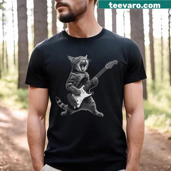 Cute T-shirt featuring a cat playing guitar in a rock star style
