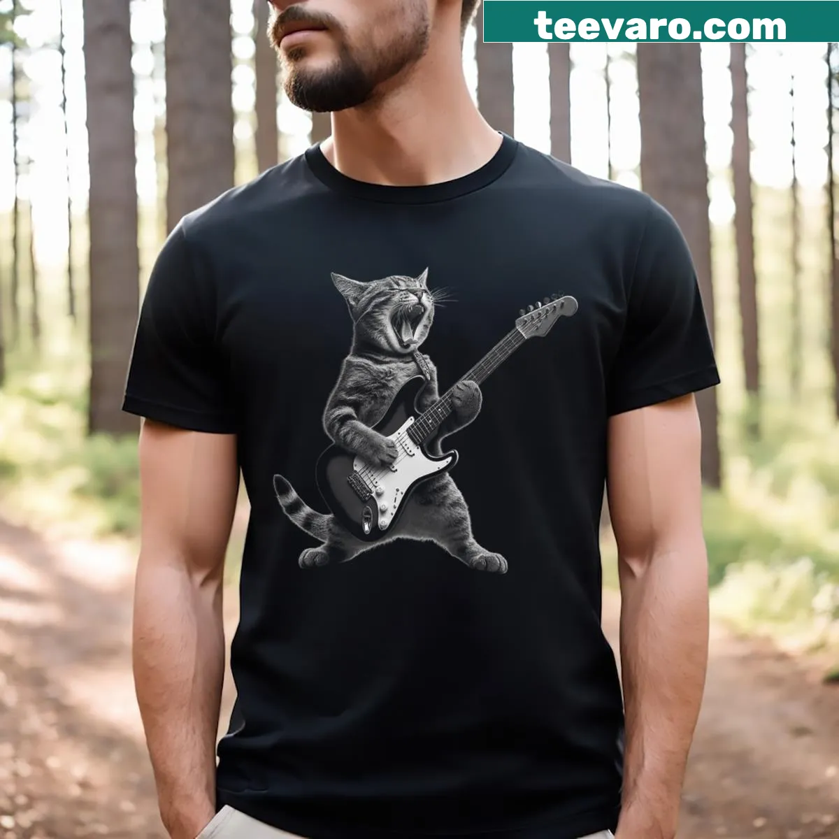 Cute T-shirt featuring a cat playing guitar in a rock star style — on a men's t-shirt