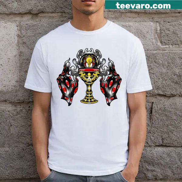 Illustration of hands holding a chalice on a T-shirt