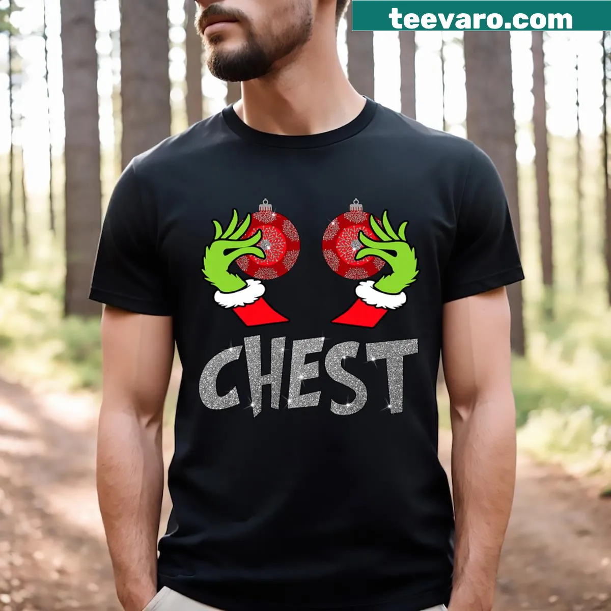 Couples T-shirt featuring playful chestnut design for Christmas — on a men's t-shirt