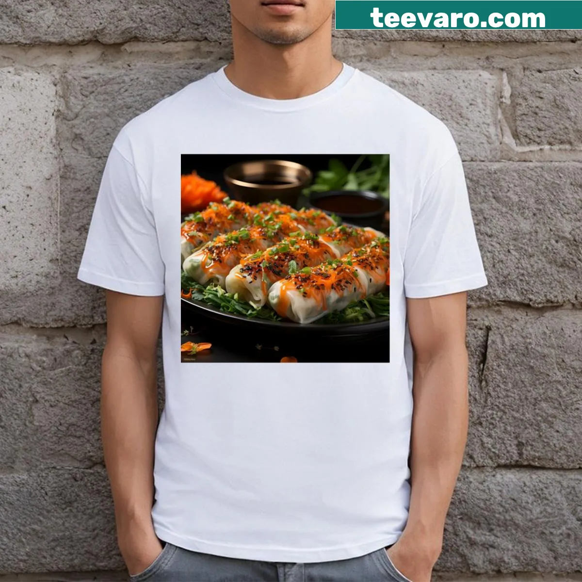 Illustrated design featuring Chinese spring rolls — on a men's t-shirt