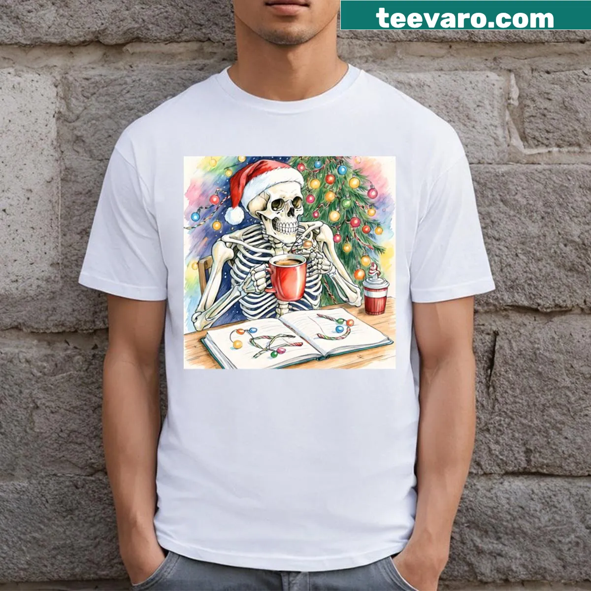 Unique graphic of a skeleton celebrating Christmas on a long T-shirt — on a men's t-shirt