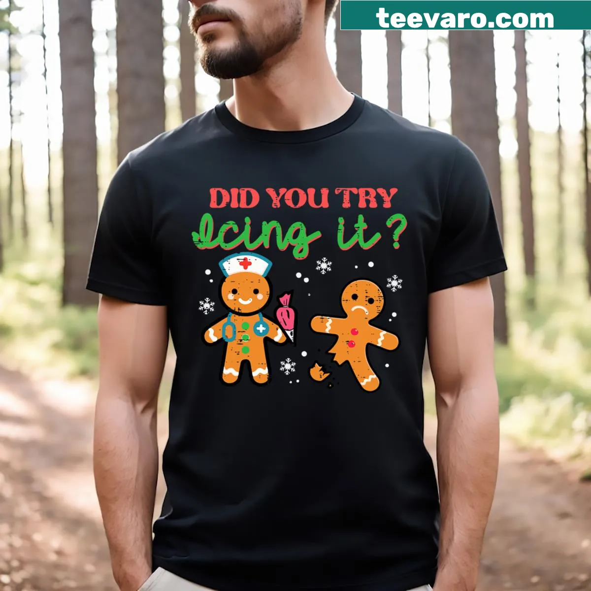 Cute gingerbread design with 'Try Icing' text for nurses — on a men's t-shirt