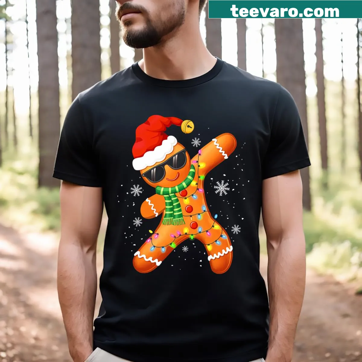 Cute gingerbread character with Christmas lights for kids — on a men's t-shirt
