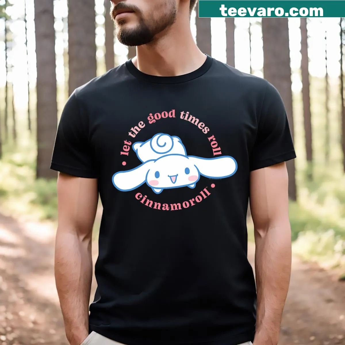 Cinnamoroll graphic with 'Let The Good Times Roll' text — on a men's t-shirt