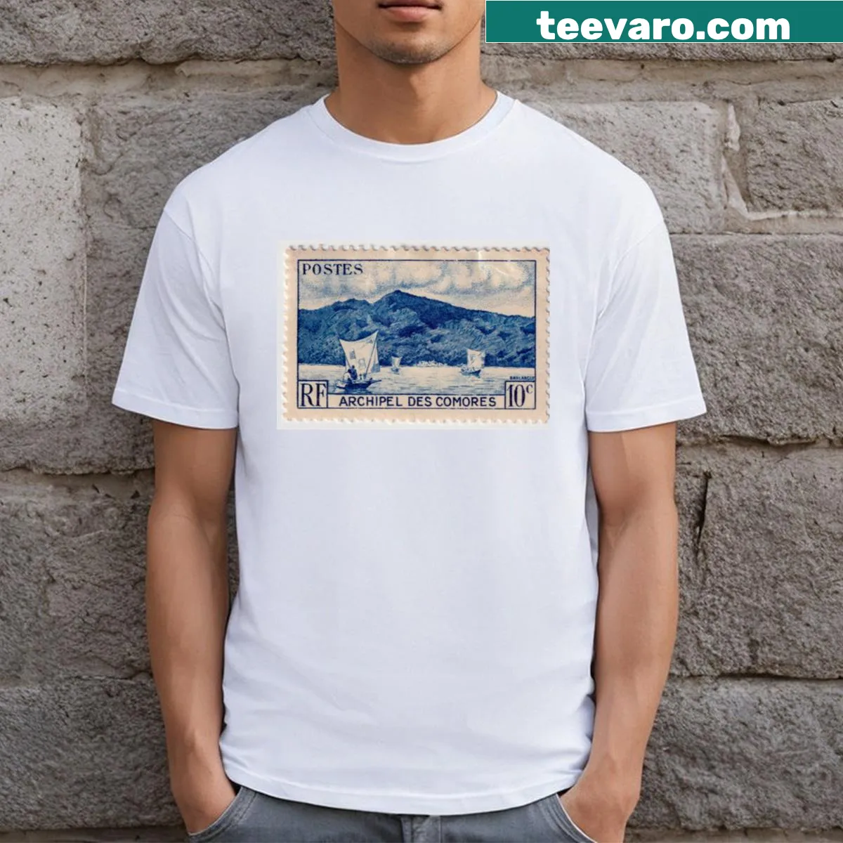 Comorescomoros inspired stamp design on a T-shirt — on a men's t-shirt