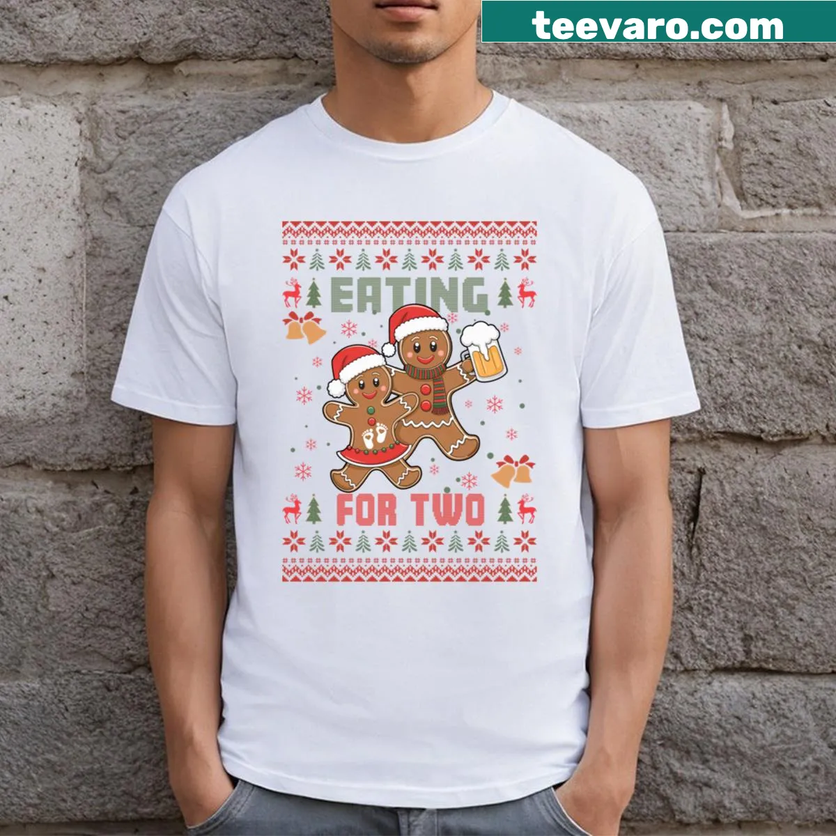 Couple Christmas T-shirt with playful phrase about eating for two — on a men's t-shirt