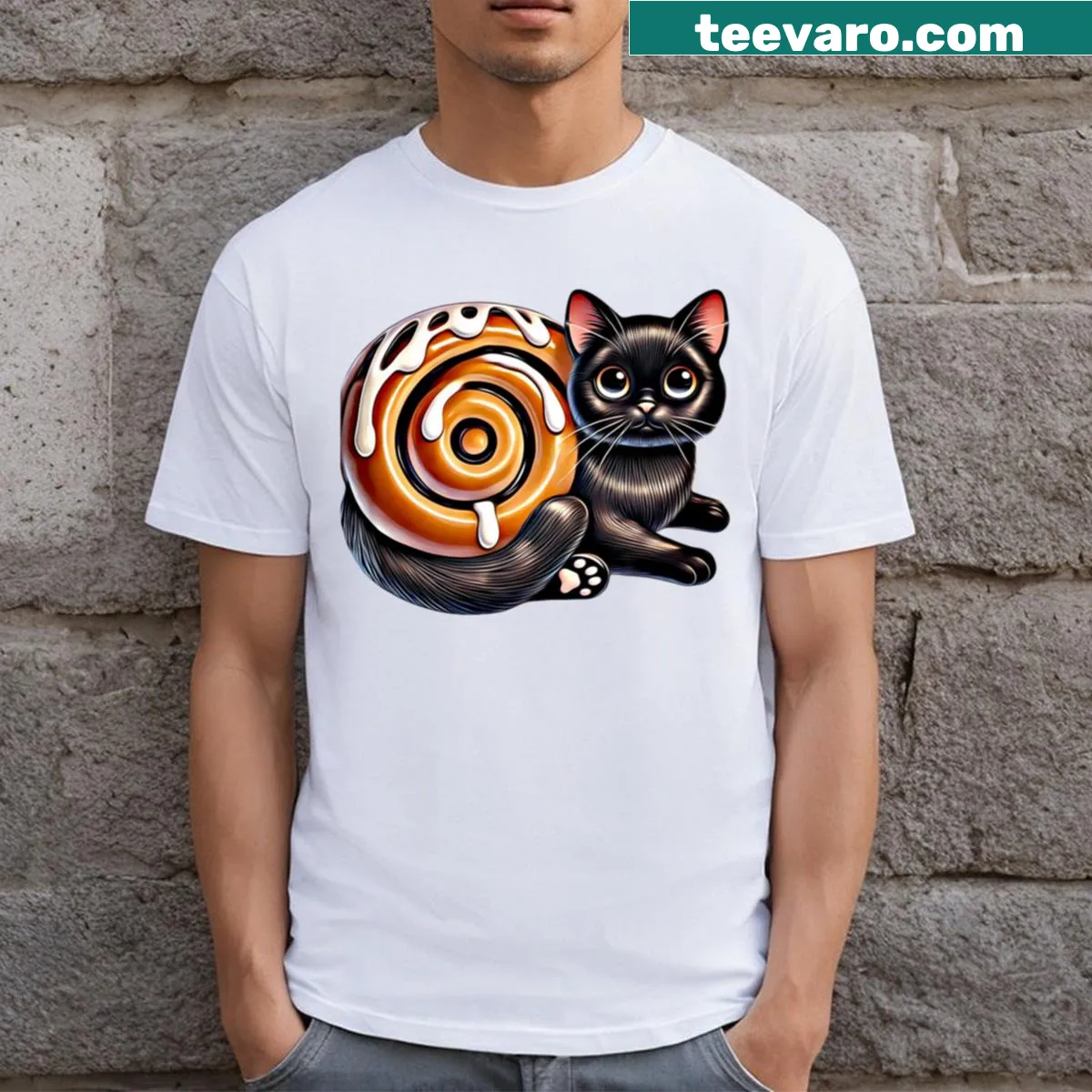 Cute black kitty in a cinnamon roll on t-shirt — on a men's t-shirt