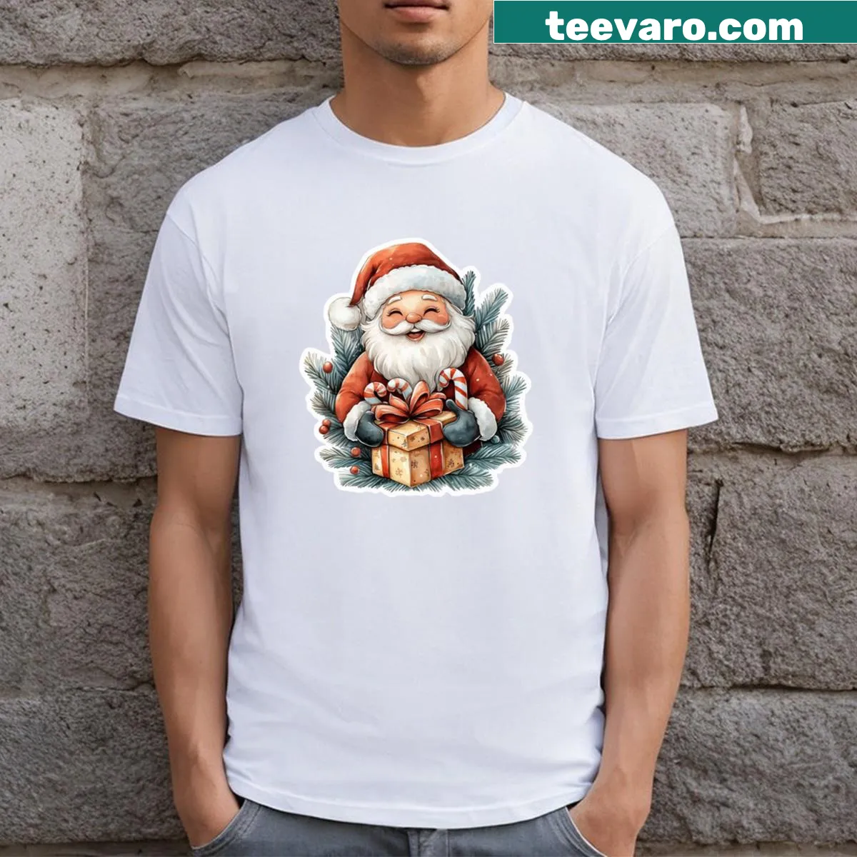 Christmas T-shirt with a smiling Santa Claus sticker design — on a men's t-shirt