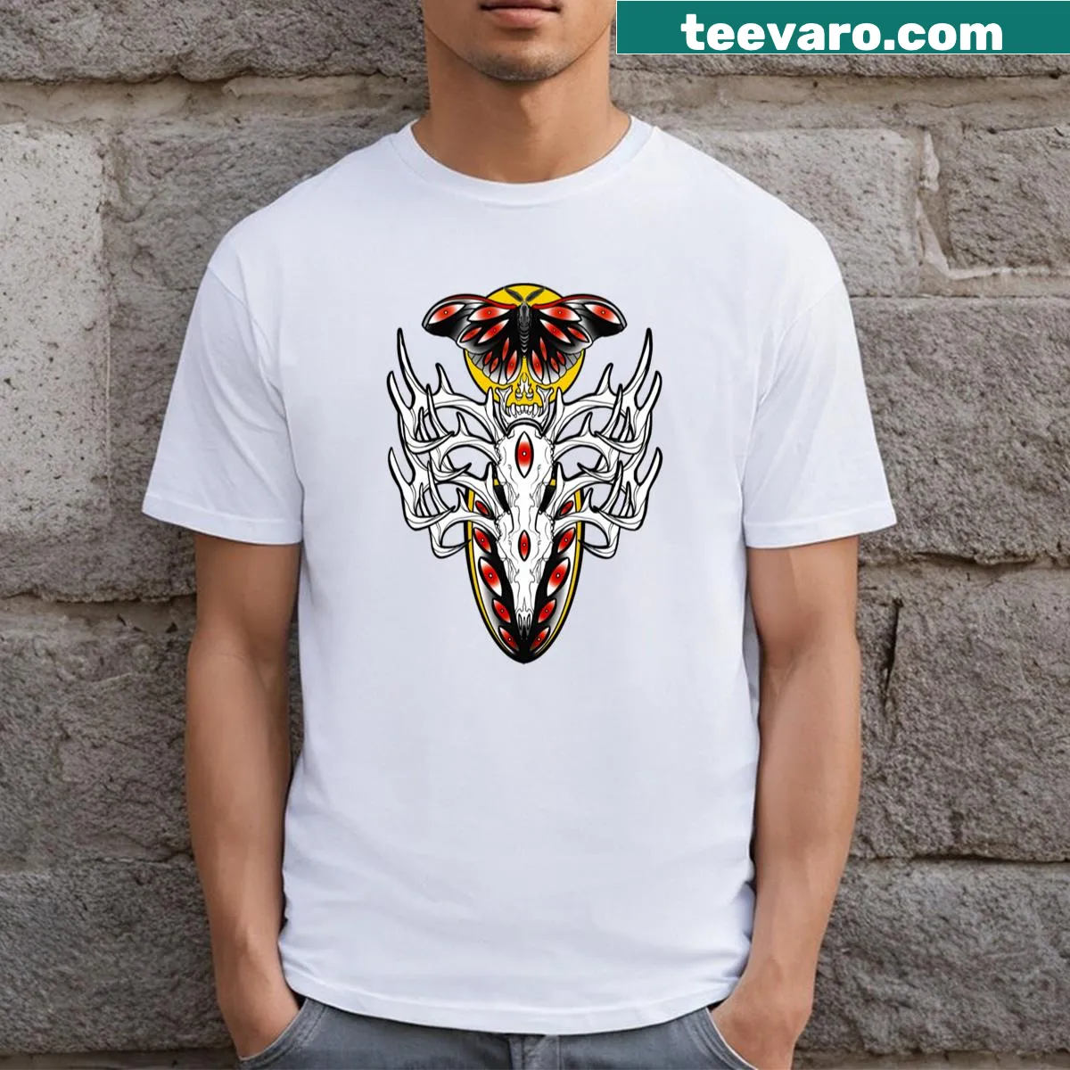 Minimalist T-shirt featuring a deer skull silhouette — on a men's t-shirt