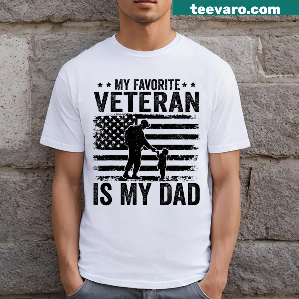T-shirt with the phrase 'My Favorite Veteran Is My Dad' for kids. — on a men's t-shirt