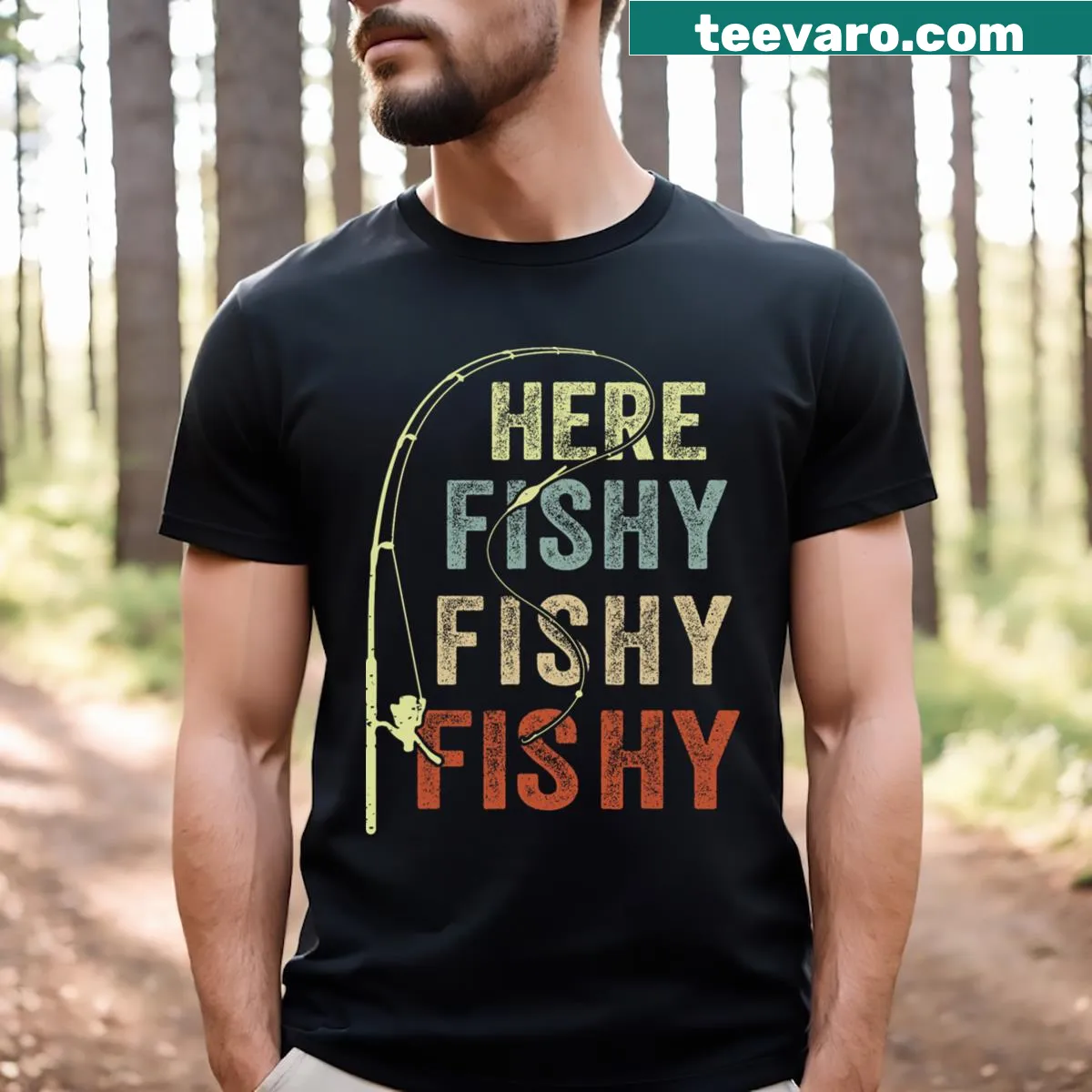Funny fishing shirt with bold 'Here Fishy' graphic design — on a men's t-shirt