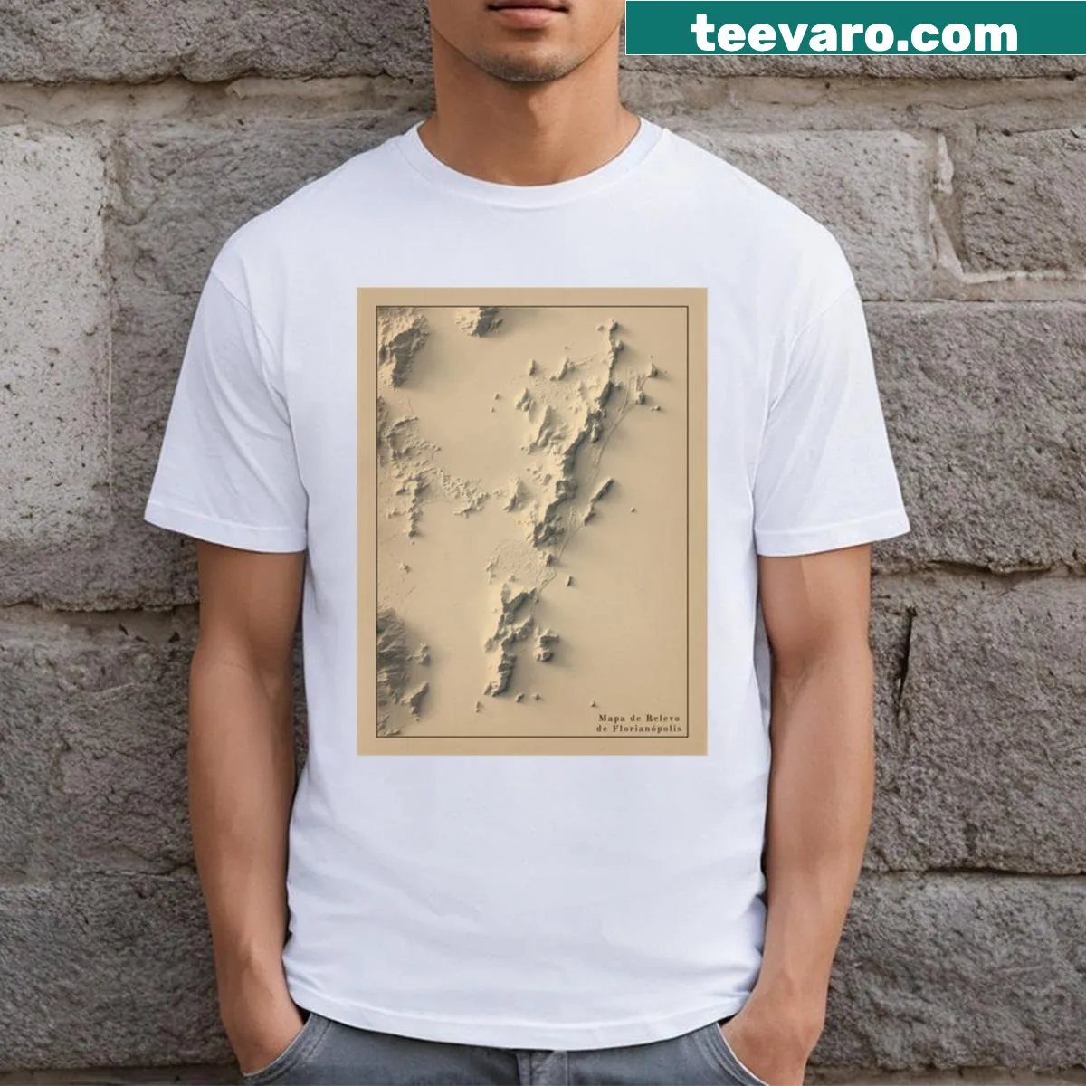 Shaded relief map of Florianopolis on a casual T-shirt — on a men's t-shirt
