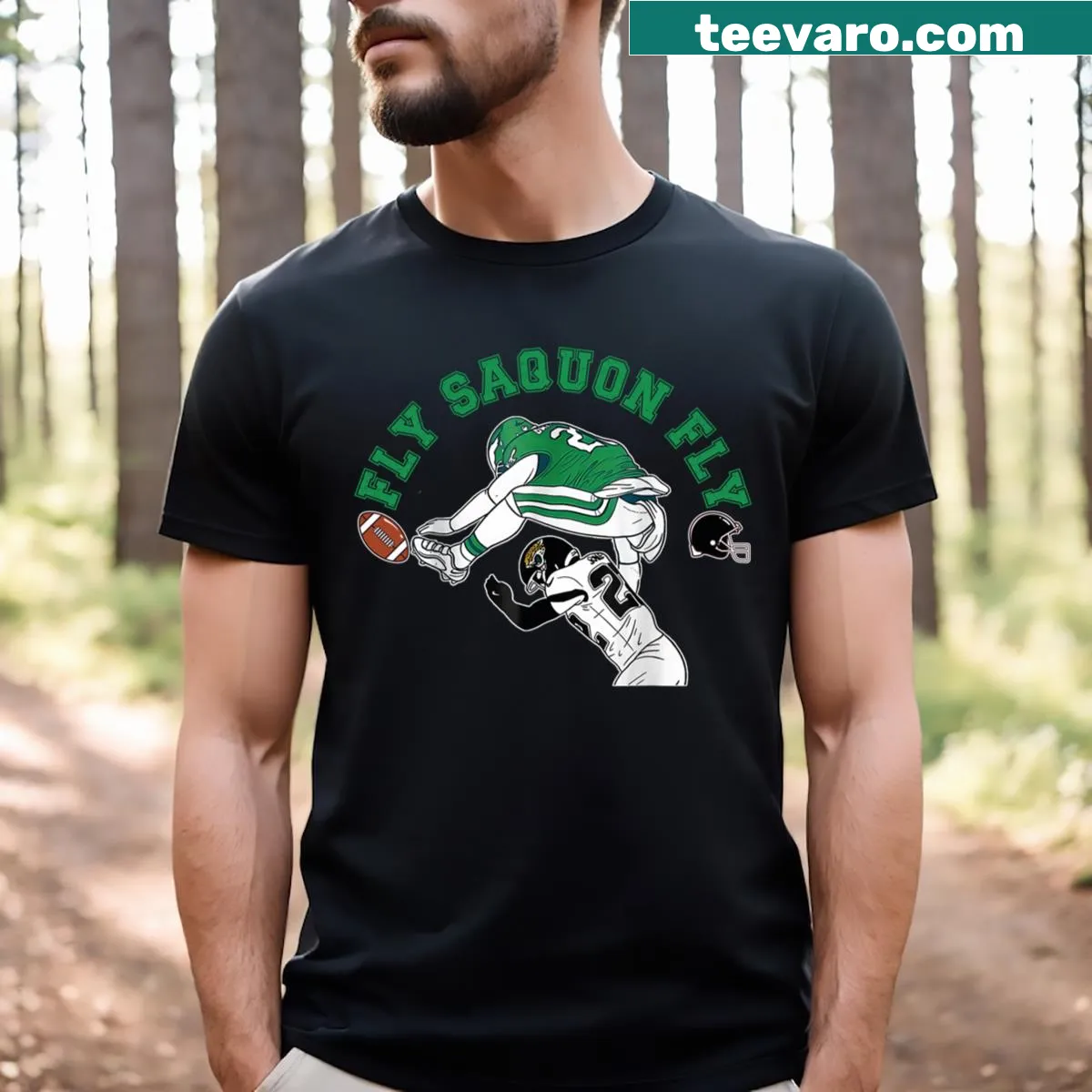 Illustration of Saquon Barkley performing a reverse hurdle on a sports t-shirt — on a men's t-shirt