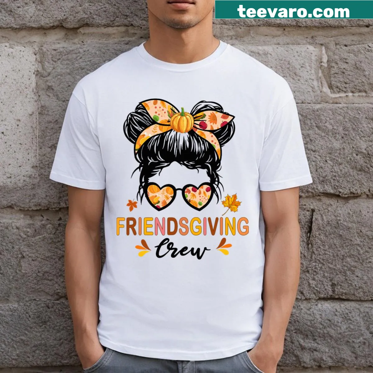 Friendsgiving Crew graphic with messy bun design on a Thanksgiving t-shirt — on a men's t-shirt