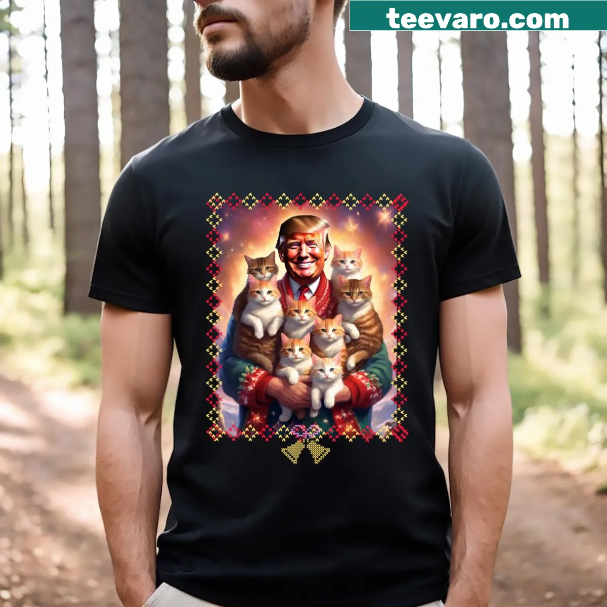 Funny Christmas Cat Lover t-shirt with Trump-themed graphic — on a men's t-shirt