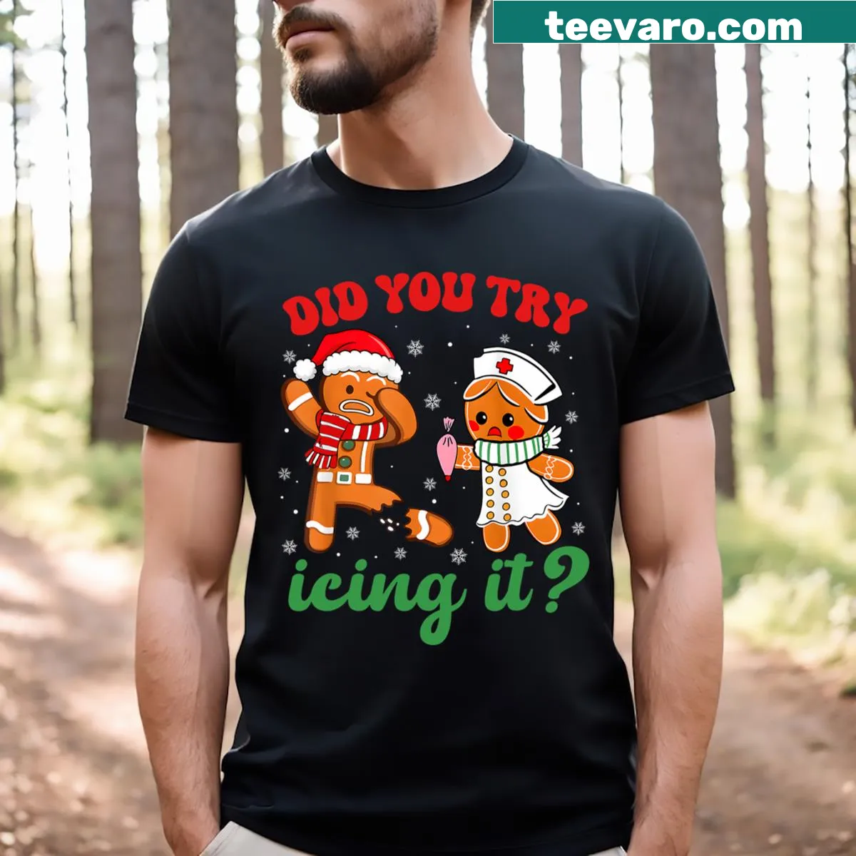 Funny Christmas Nurse t-shirt with gingerbread man graphic — on a men's t-shirt