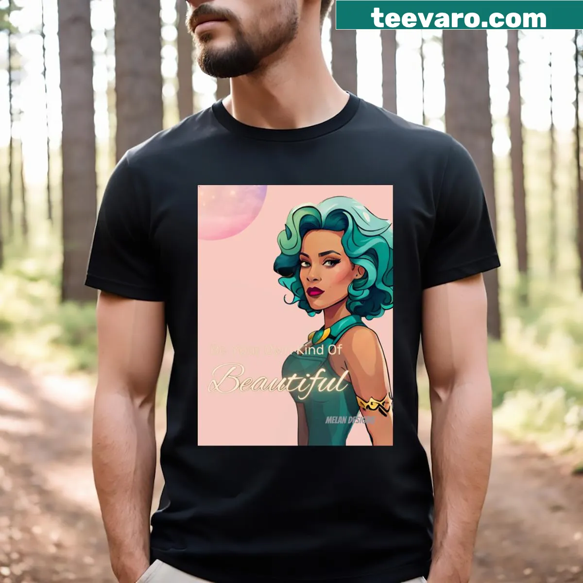 T-shirt with a woman and a pink moon featuring an uplifting affirmation — on a men's t-shirt