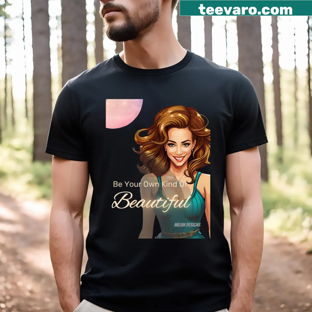 T-shirt featuring a glamorous woman with hair and a pink moon quote — on a men's t-shirt