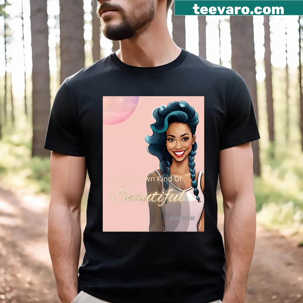 T-shirt featuring the phrase 'Your Kind Of Beautiful' with a pink moon backdrop — on a men's t-shirt