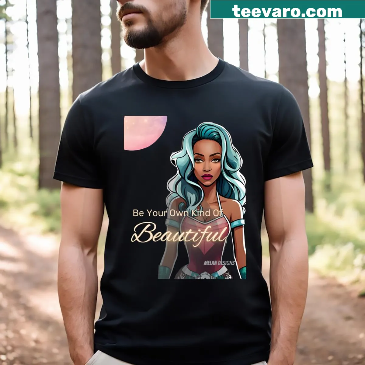 T-shirt featuring a woman with blue hair in front of a pink moon — on a men's t-shirt