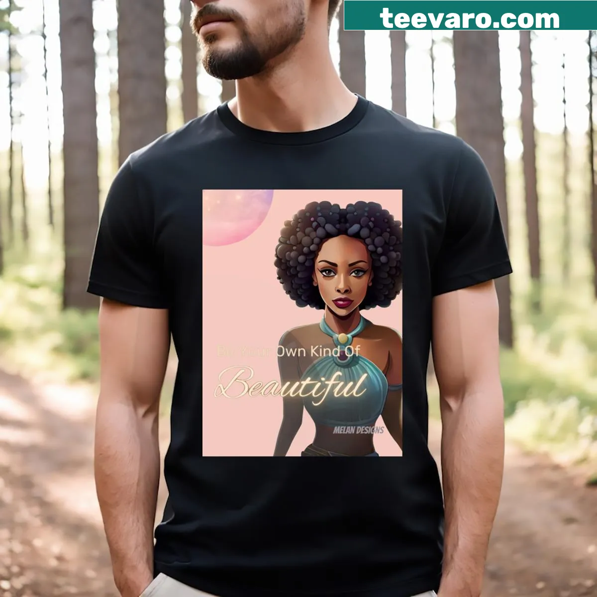 T-shirt featuring a woman with an afro and a pink moon with a kind message — on a men's t-shirt