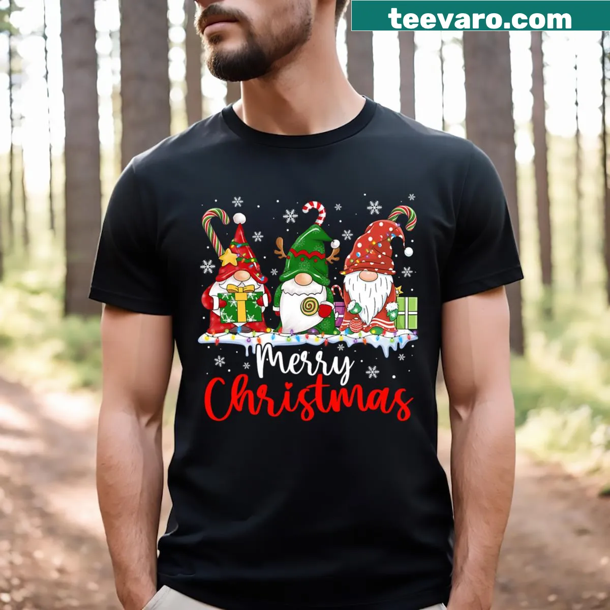 Whimsical gnome design for Christmas on T-shirt — on a men's t-shirt