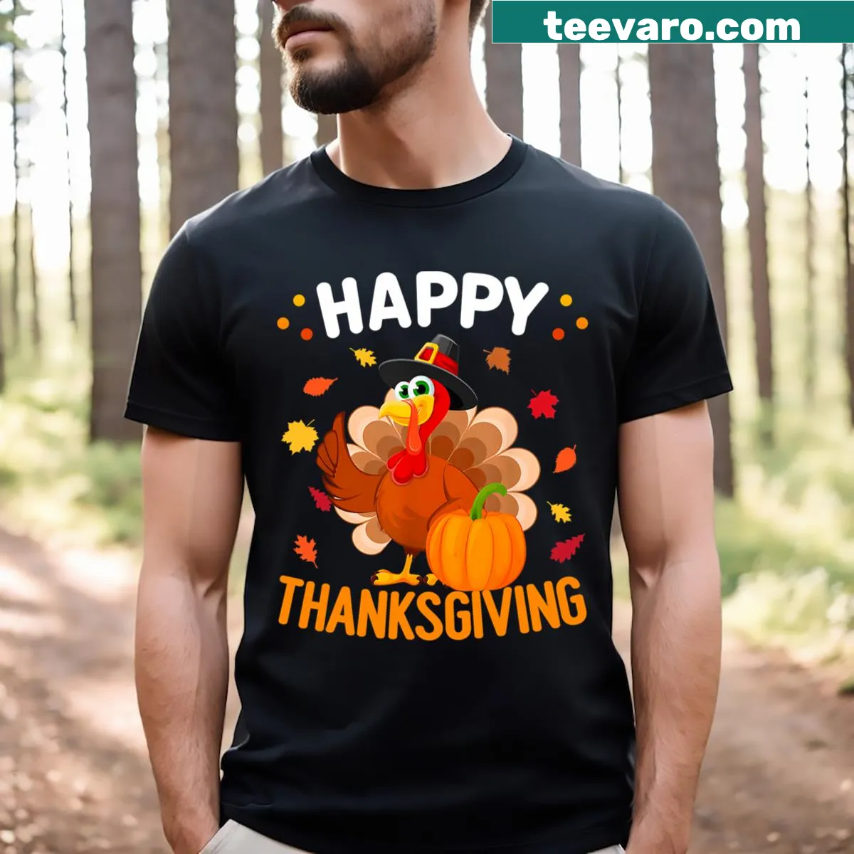 Illustration of a joyful turkey for Thanksgiving on a T-shirt — on a men's t-shirt