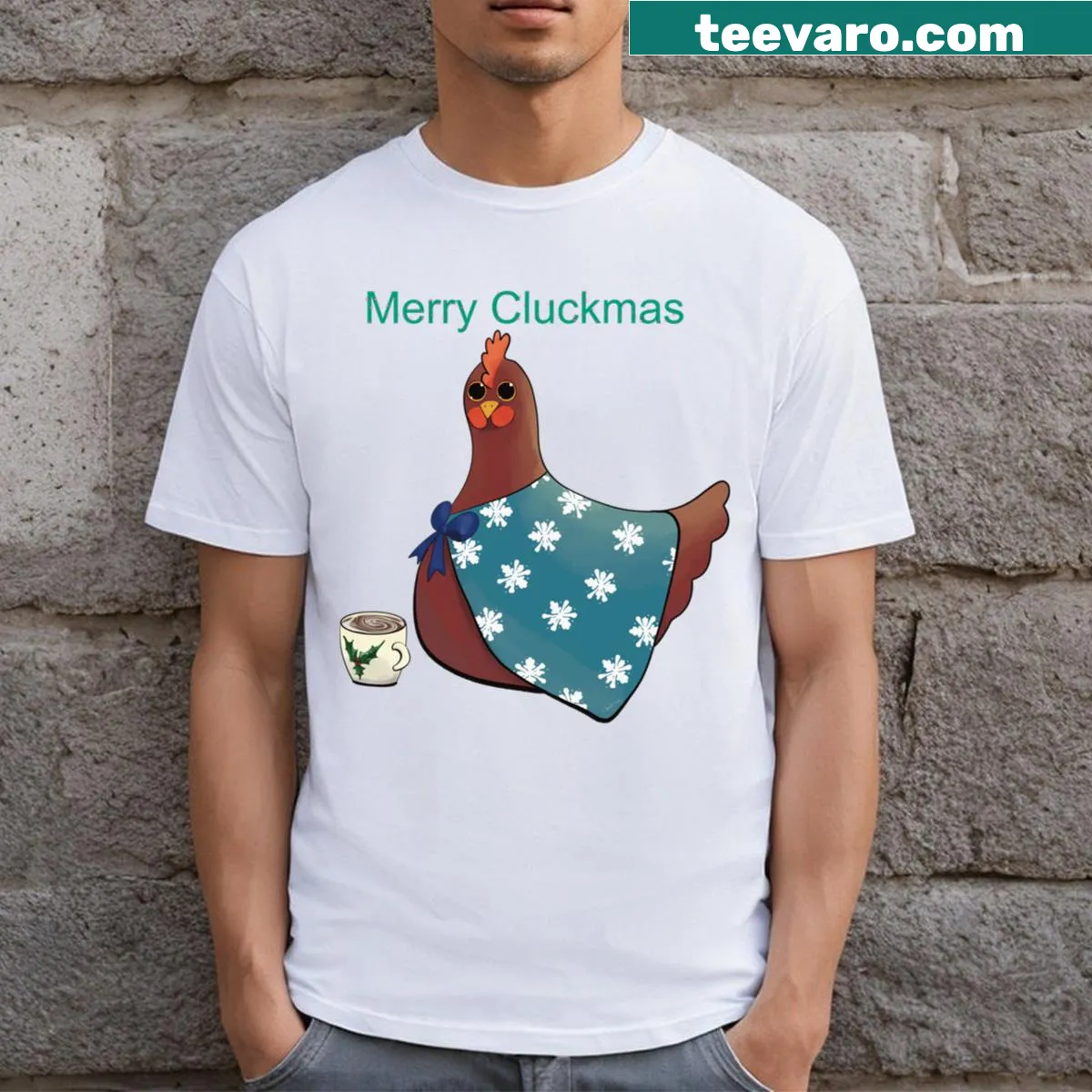 Humorous chicken in festive attire on a Holiday Christmas T-shirt — on a men's t-shirt