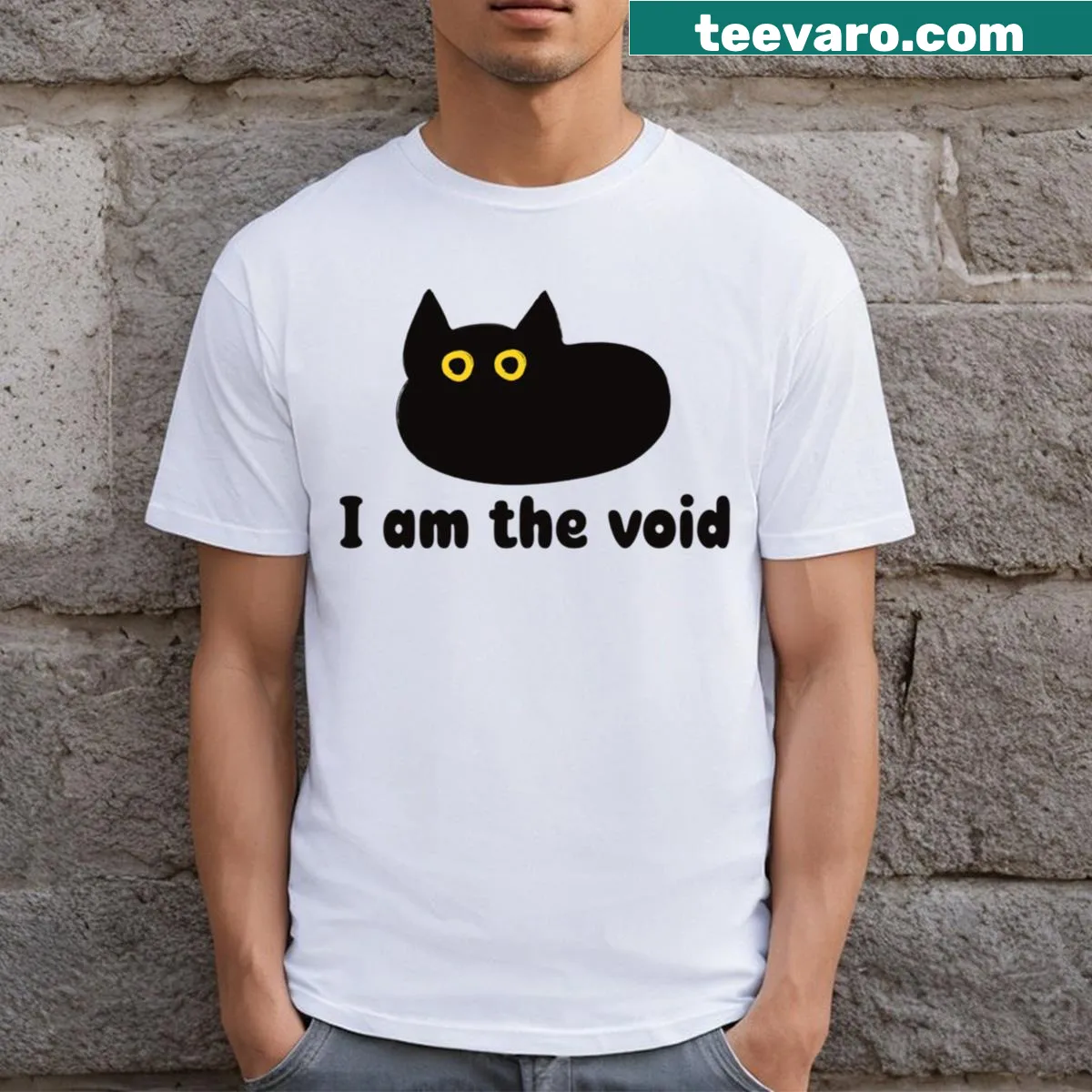 Cartoon black cat loaf graphic on T-shirt — on a men's t-shirt