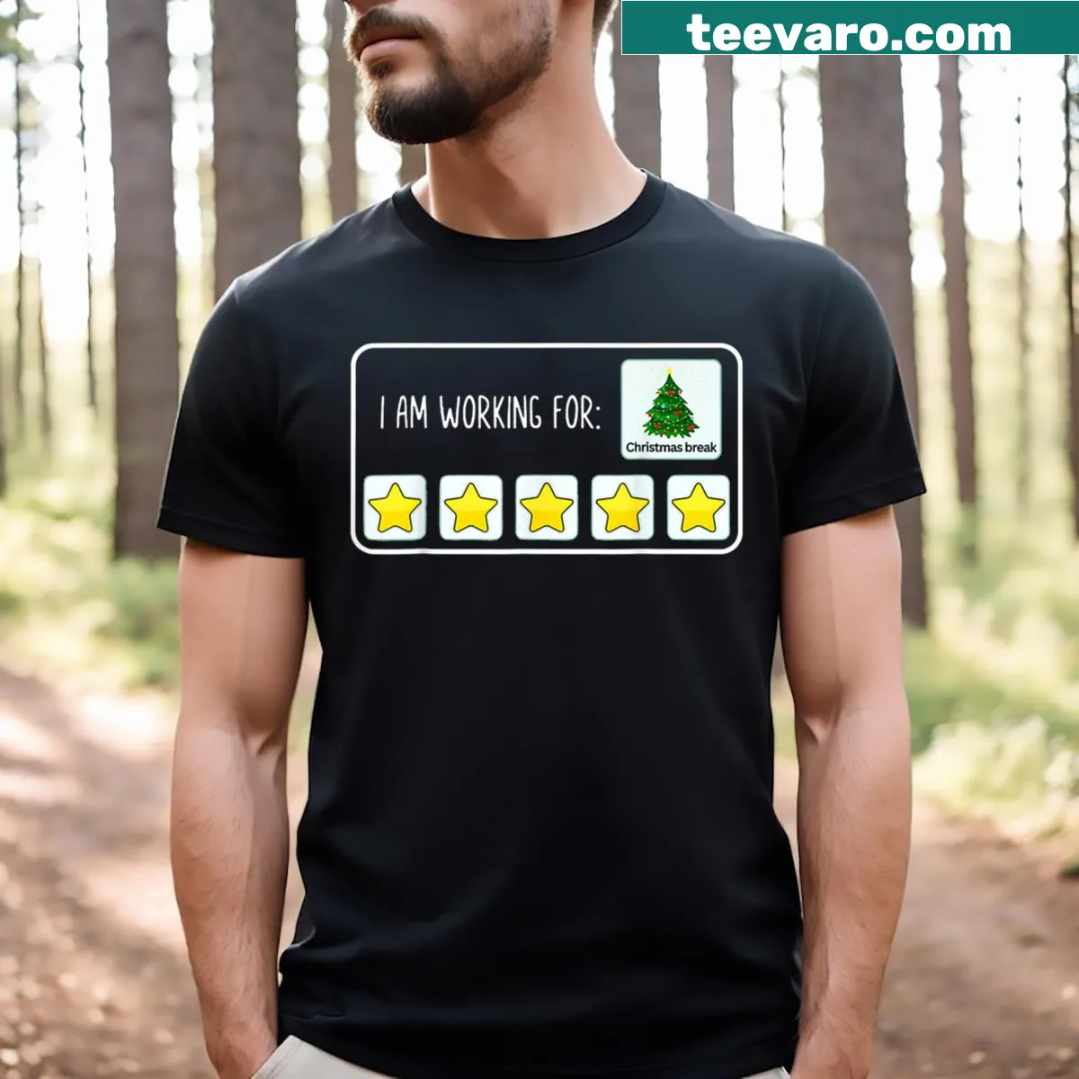 Funny T-shirt with the phrase 'I Am Working For Christmas Break' and stars — on a men's t-shirt