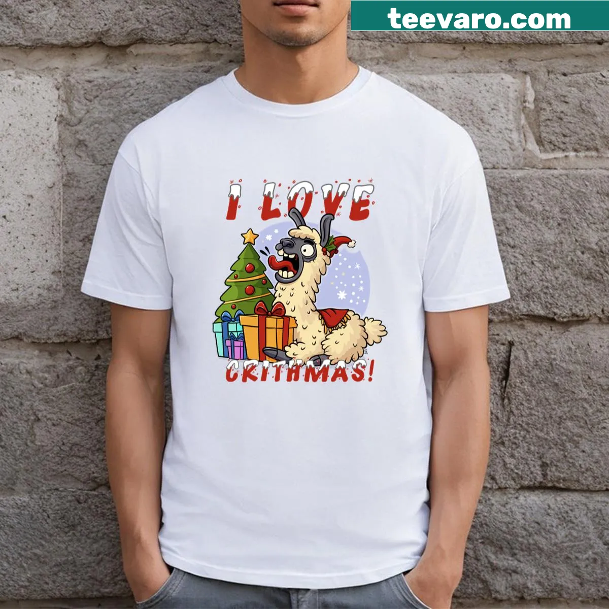Cute Christmas llama graphic on T-shirt — on a men's t-shirt