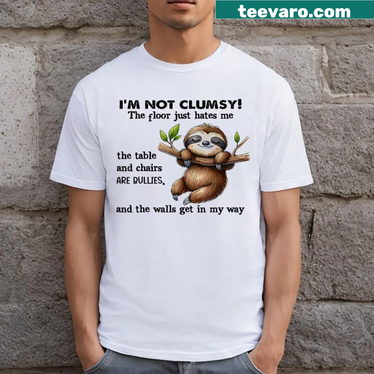 Funny clumsy pullover T-shirt with humorous quote — on a men's t-shirt