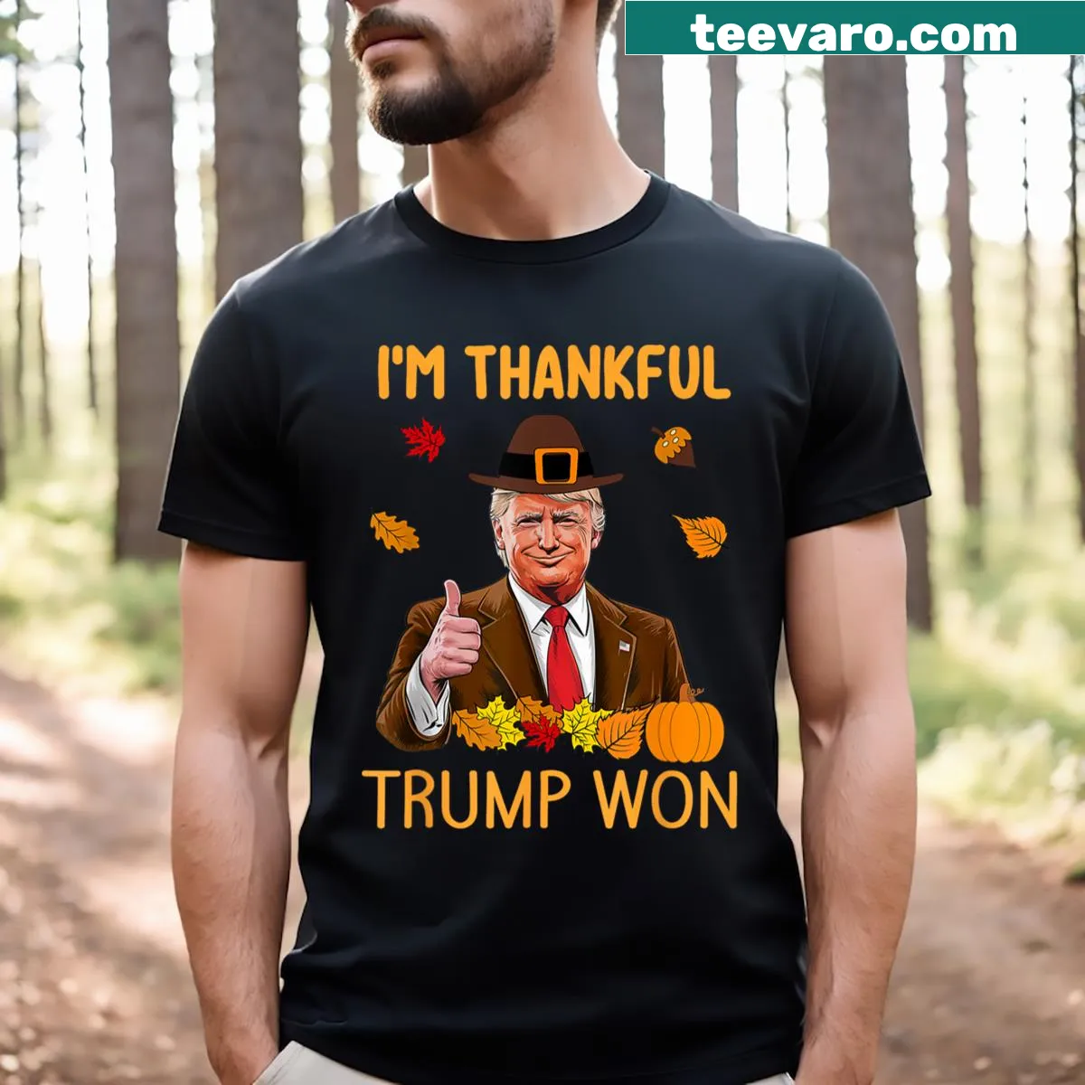 Thanksgiving T-shirt featuring turkey and the phrase 'I'm Thankful Trump Won' — on a men's t-shirt