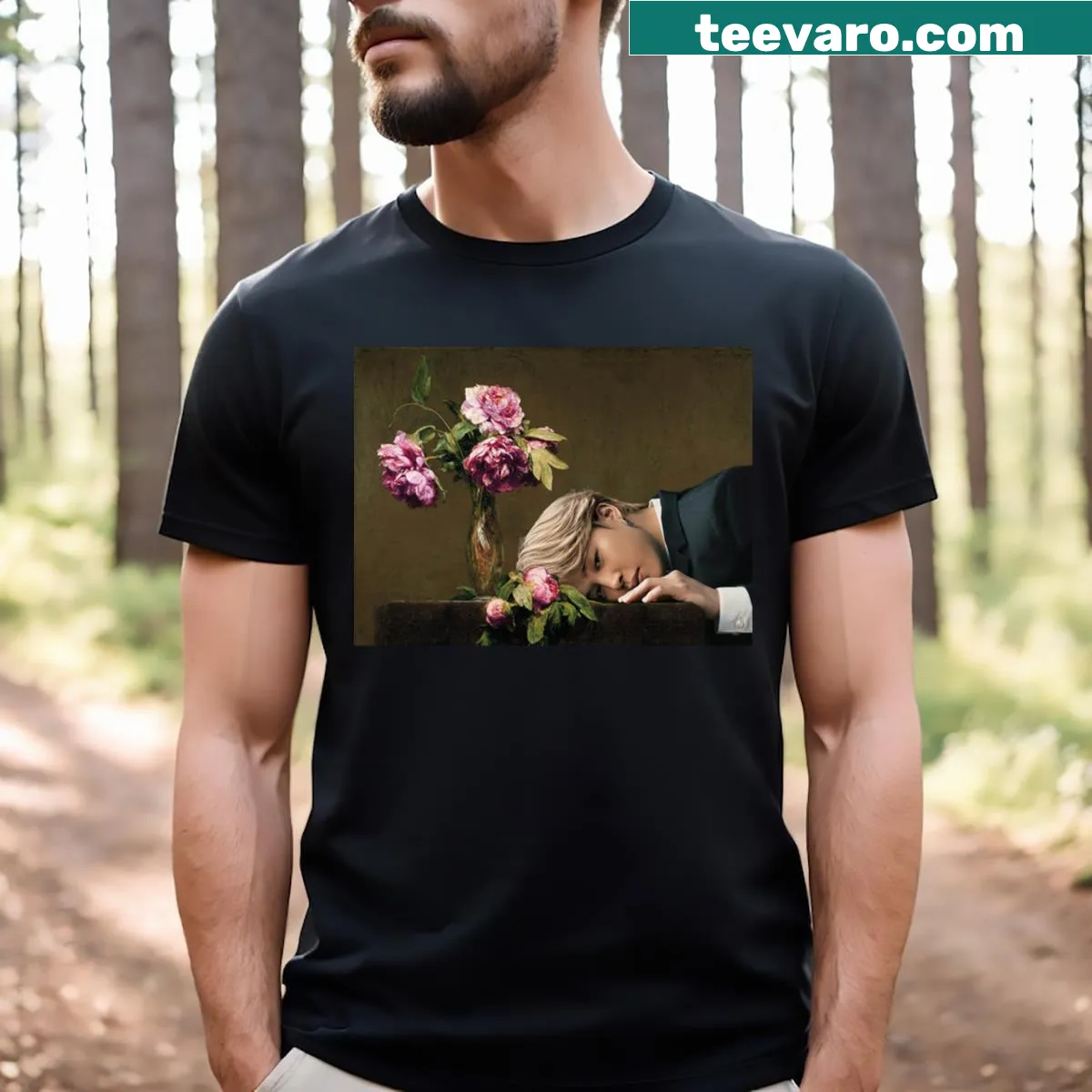 Illustrated t-shirt featuring Jimin and peonies — on a men's t-shirt