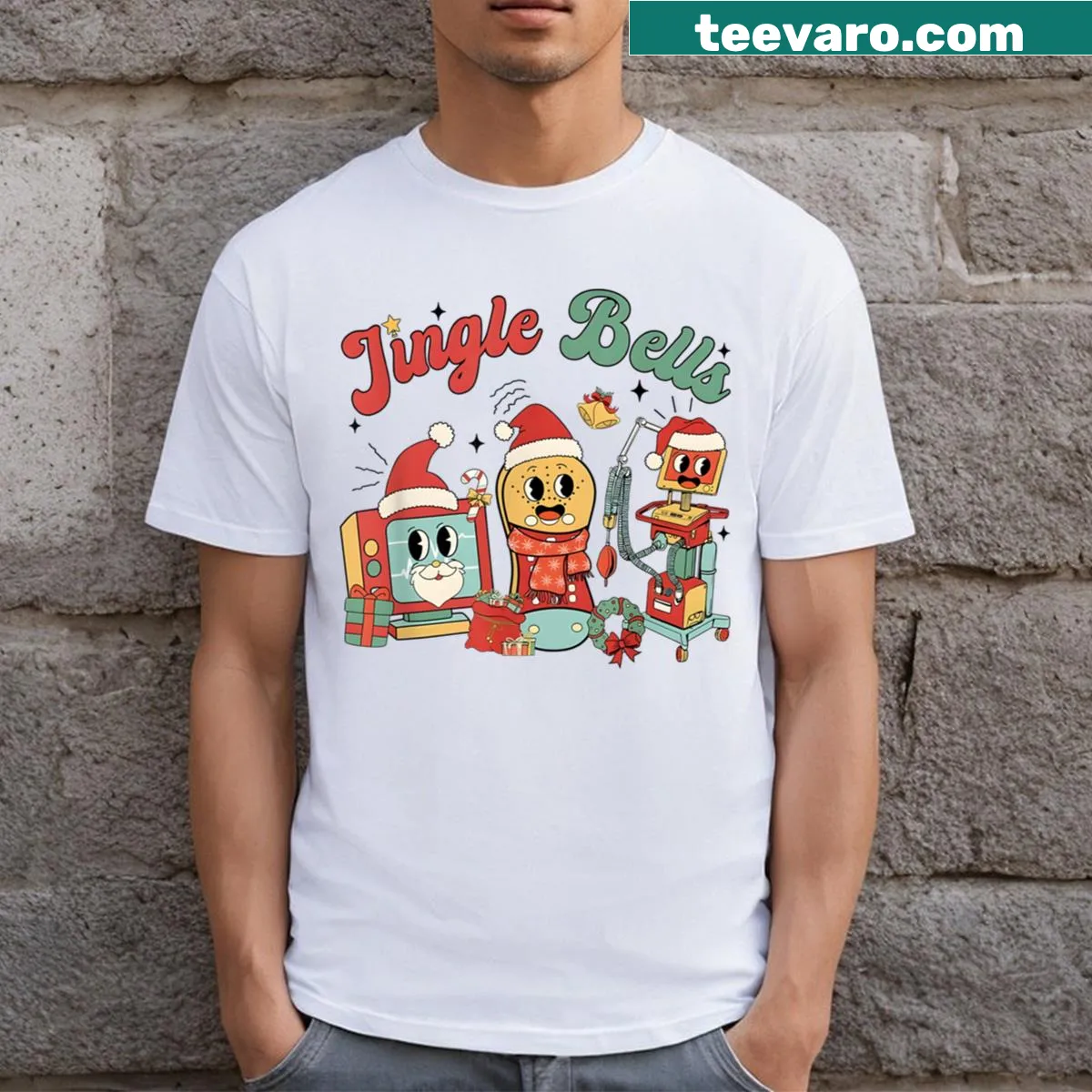 Funny Christmas nurse t-shirt with 'Jingle Bells' text — on a men's t-shirt