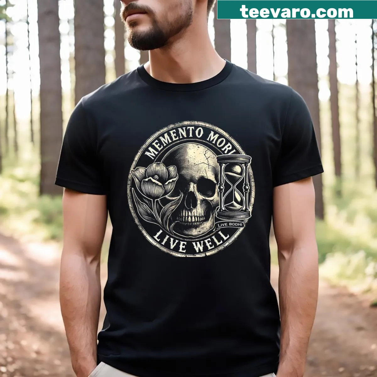 Text-based design with Memento Mori and Live Well message — on a men's t-shirt