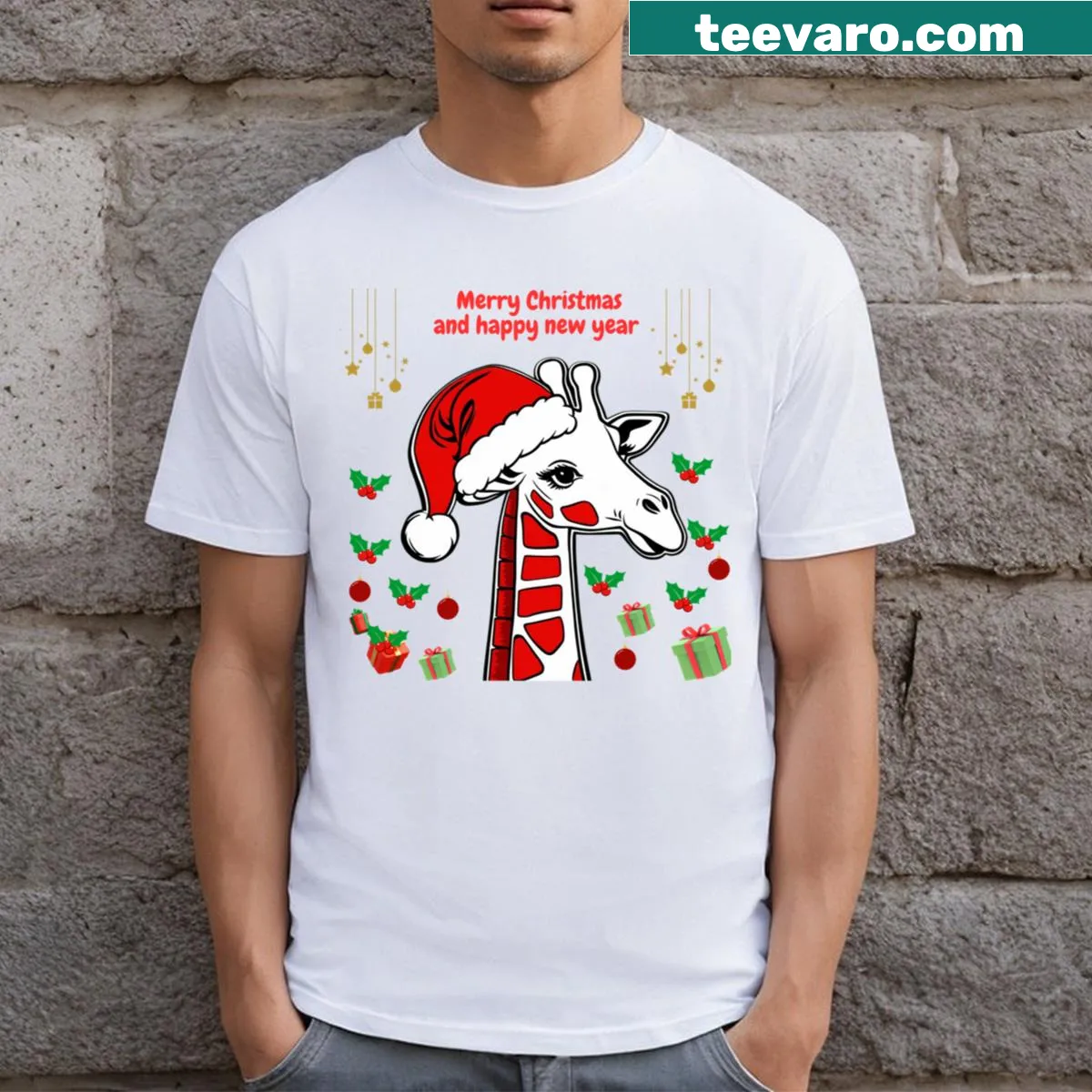 Holiday-themed t-shirt with Merry Christmas and Happy New Year text — on a men's t-shirt