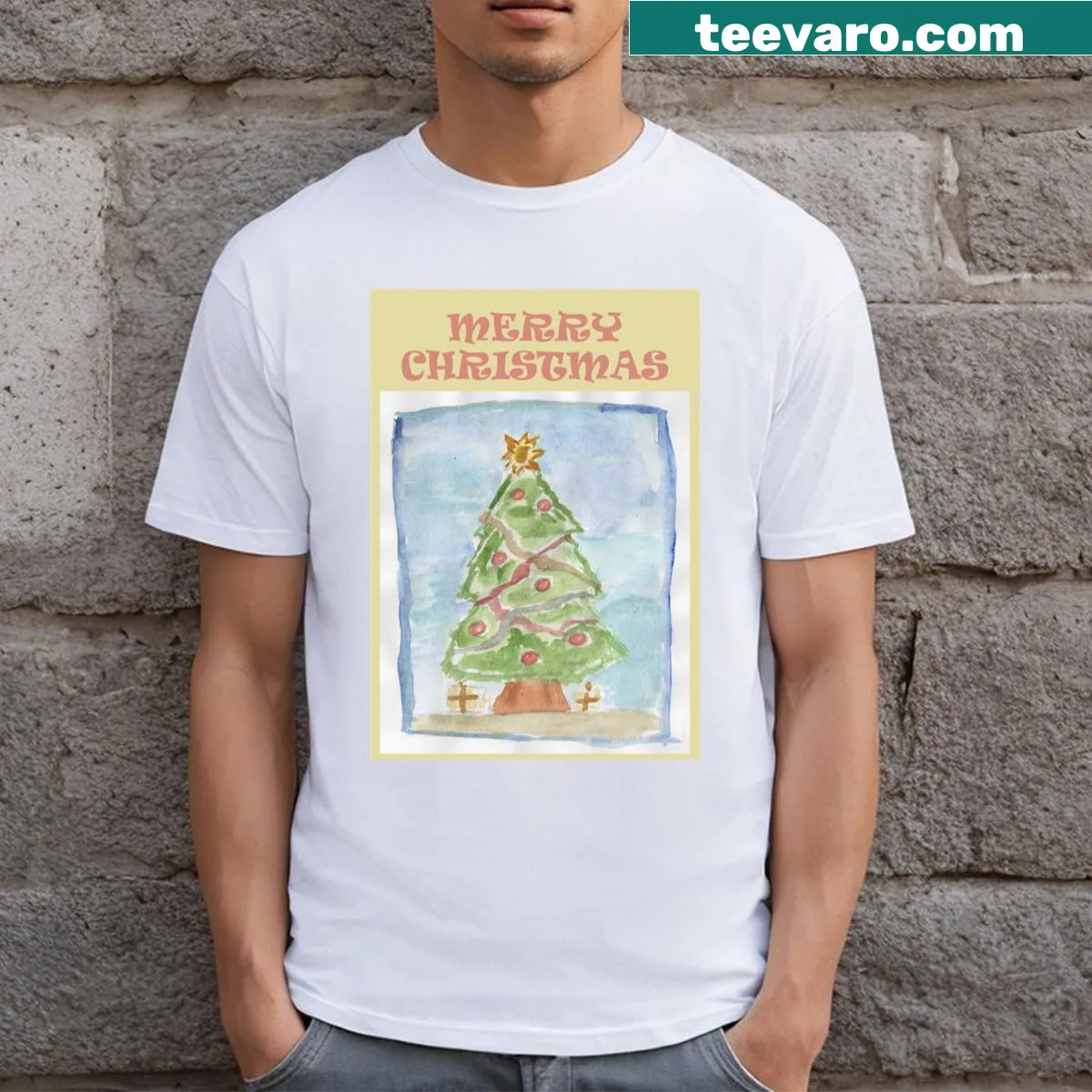 T-shirt displaying the words 'Merry Christmas' in a friendly font — on a men's t-shirt