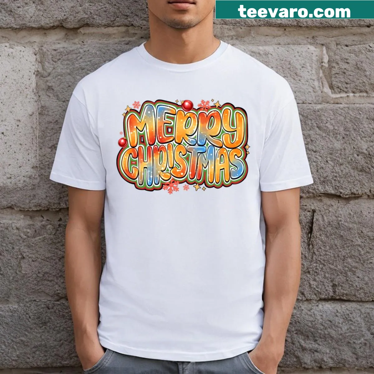 Merry Christmas T-shirt with sparkle design — on a men's t-shirt