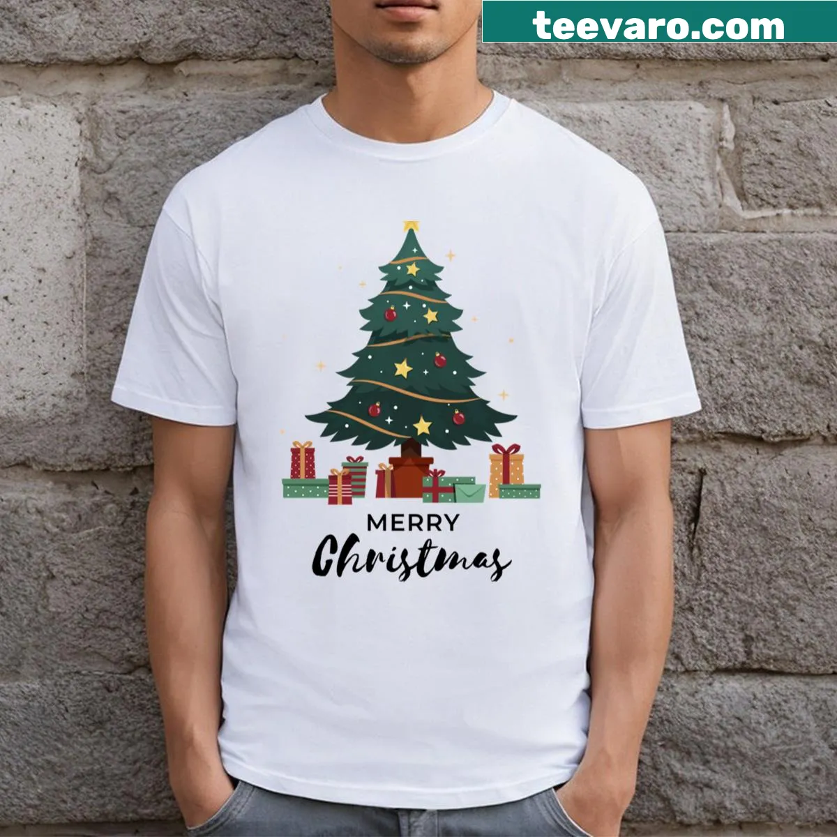 T-shirt with cheerful text 'Merry Christmas!' in festive font — on a men's t-shirt