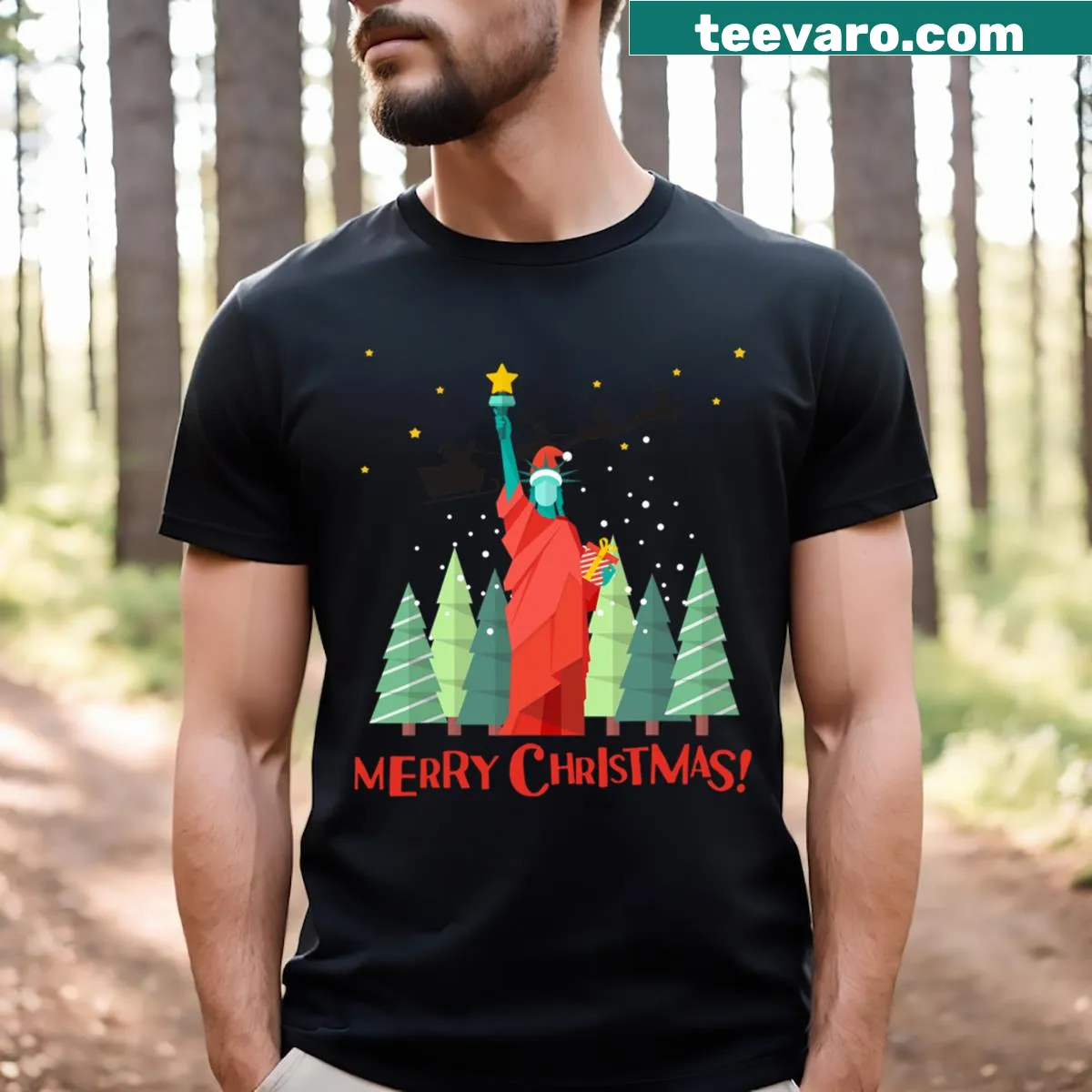 NYC-themed Merry Christmas T-shirt with Santa and Statue of Liberty — on a men's t-shirt