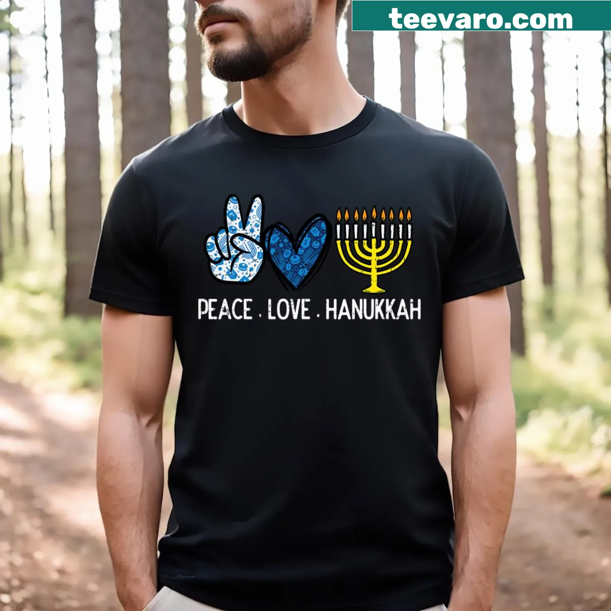 Retro design with Peace Love Hanukkah text on a t-shirt. — on a men's t-shirt