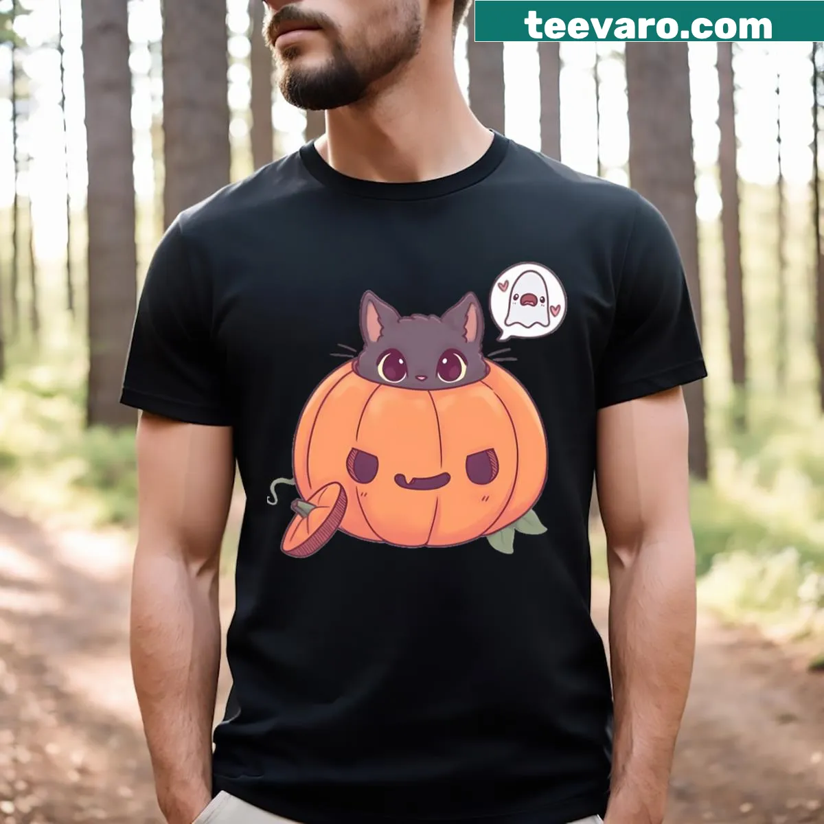 Gray t-shirt with an illustration of a kitty and a pumpkin — on a men's t-shirt