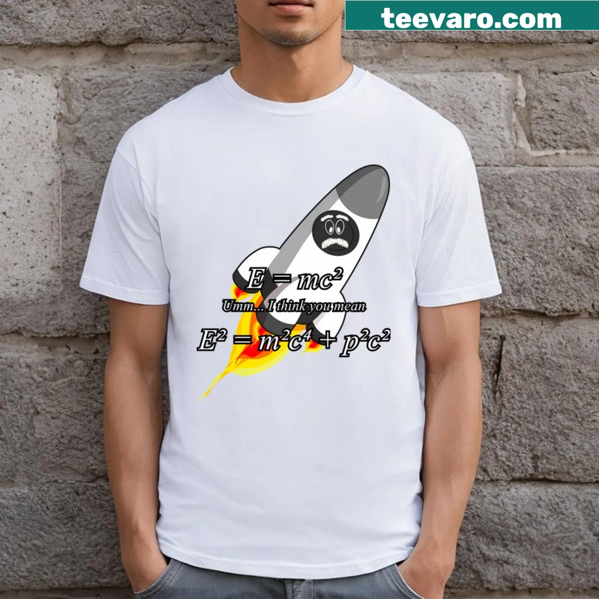 Minimalist physics T-shirt with typography on relativity — on a men's t-shirt