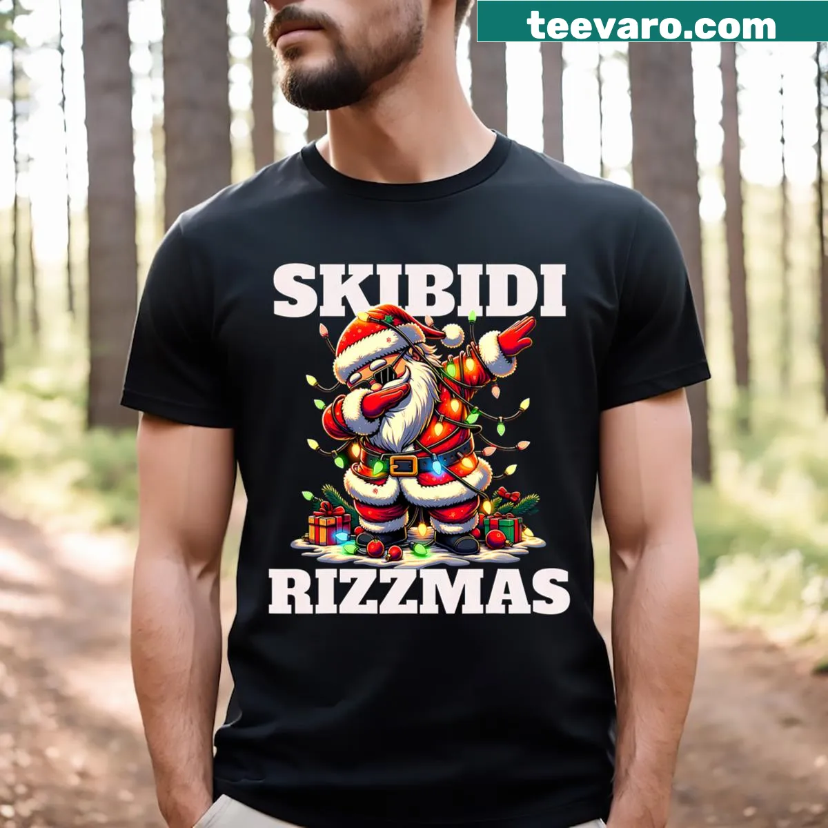 Funny Christmas Santa T-shirt with playful Rizzmas theme — on a men's t-shirt