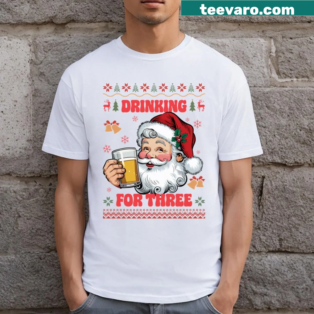Couple Christmas T-shirt featuring Santa Claus and drinks — on a men's t-shirt