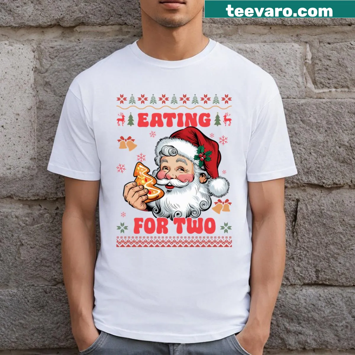 Couple Christmas T-shirt featuring Santa Claus and food — on a men's t-shirt