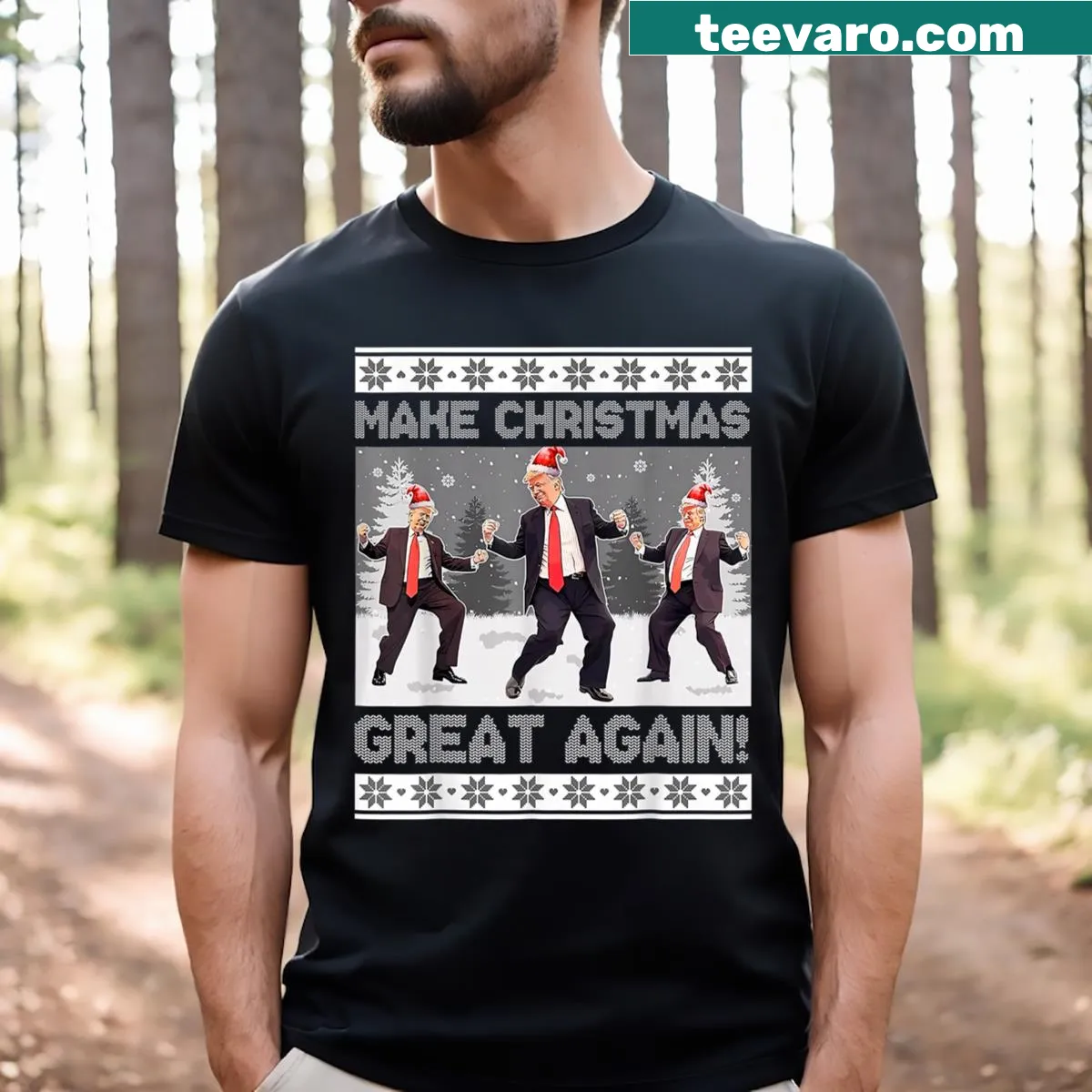 Cartoon Santa Trump dancing on an ugly Christmas T-shirt — on a men's t-shirt