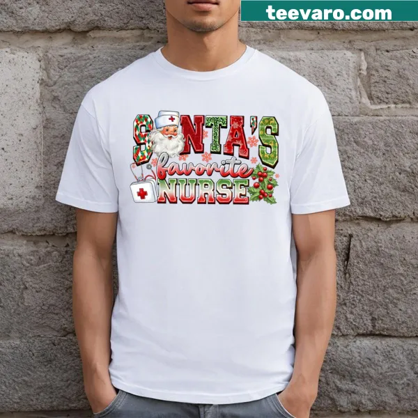 Christmas T-shirt for nurses with 'Santa's Favorite Nurse' text